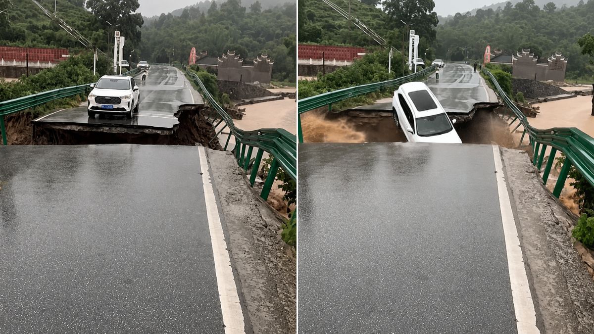 Terrifying! White SUV swept into raging river after bridge suddenly collapses in China | Watch