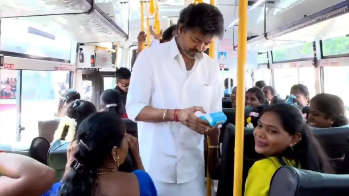 Tamil Nadu: CM Vijay plays bus conductor as free travel for women gets expanded | WATCH